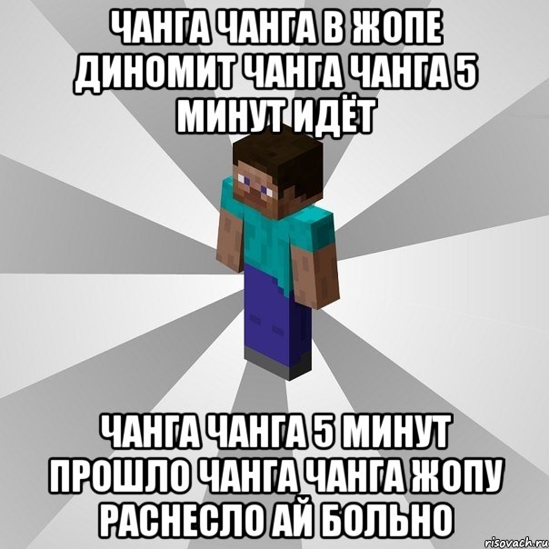 чанга чанга в жопе диномит чанга чанга 5 минут идёт чанга чанга 5 минут прошло чанга чанга жопу раснесло ай больно, Мем Типичный игрок Minecraft