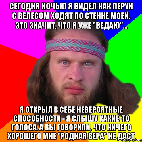 Сегодня ночью я видел как Перун с Велесом ходят по стенке моей. Это значит, что я уже "ведаю"... Я открыл в себе невероятные способности - я слышу какие-то голоса. А вы говорили, что ничего хорошего мне "родная вера" не даст, Мем Типичный долбослав