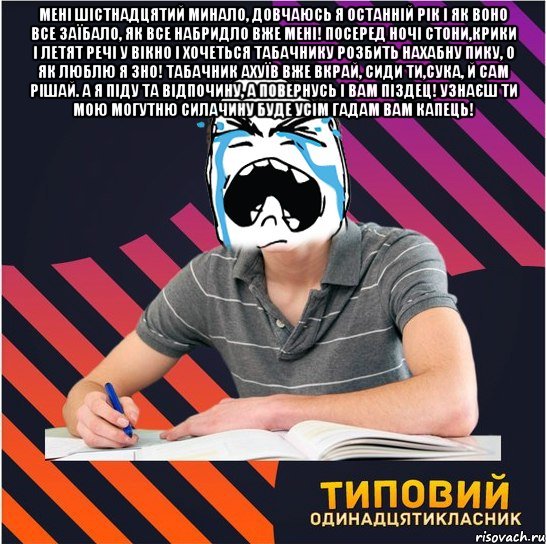 Мені шістнадцятий минало, довчаюсь я останній рік і як воно все заїбало, як все набридло вже мені! Посеред ночі стони,крики і летят речі у вікно і хочеться Табачнику розбить нахабну пику, О ЯК ЛЮБЛЮ Я ЗНО! Табачник ахуїв вже вкрай, сиди ти,сука, й сам рішай. А я піду та відпочину, а повернусь і вам піздец! Узнаєш ти мою могутню силачину буде усім гадам ВАМ КАПЕЦЬ! , Мем Типовий одинадцятикласник