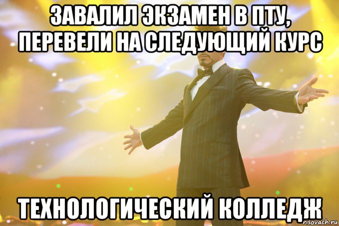 ЗАВАЛИЛ ЭКЗАМЕН В ПТУ, ПЕРЕВЕЛИ НА СЛЕДУЮЩИЙ КУРС ТЕХНОЛОГИЧЕСКИЙ КОЛЛЕДЖ, Мем Тони Старк (Роберт Дауни младший)