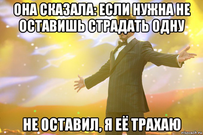 ОНА СКАЗАЛА: ЕСЛИ НУЖНА НЕ ОСТАВИШЬ СТРАДАТЬ ОДНУ НЕ ОСТАВИЛ, Я ЕЁ ТРАХАЮ, Мем Тони Старк (Роберт Дауни младший)