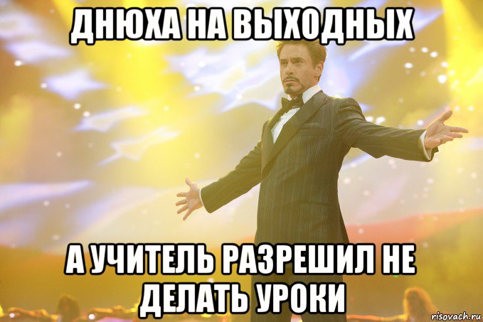 днюха на выходных а учитель разрешил не делать уроки, Мем Тони Старк (Роберт Дауни младший)