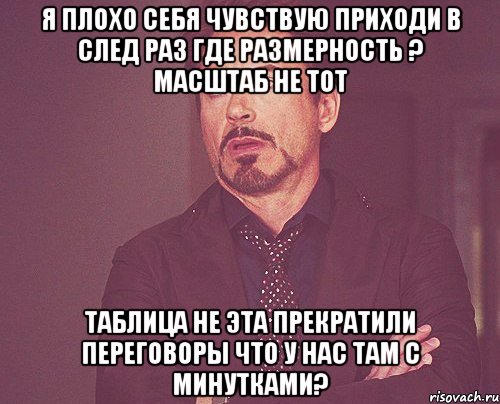 Я плохо себя чувствую приходи в след раз где размерность ? масштаб не тот таблица не эта прекратили переговоры что у нас там с минутками?, Мем твое выражение лица