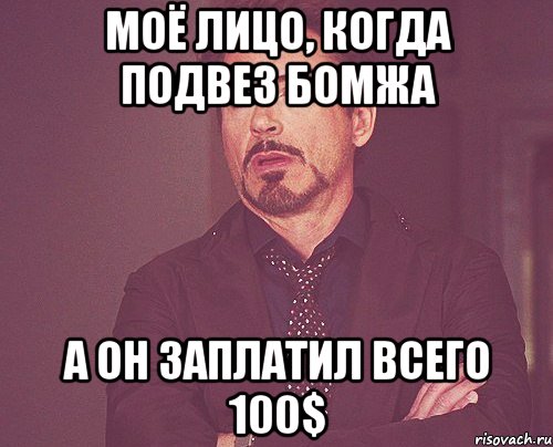 МОЁ ЛИЦО, КОГДА ПОДВЕЗ БОМЖА А ОН ЗАПЛАТИЛ ВСЕГО 100$, Мем твое выражение лица