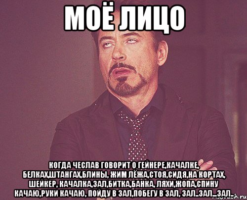 моё лицо когда Чеслав говорит о гейнере,качалке, белках,штангах,блины, жим лёжа,стоя,сидя,на кортах, шейкер, качалка,зал,битка,банка, ляхи,жопа,спину качаю,руки качаю, пойду в зал,побегу в зал, зал..зал...зал.., Мем твое выражение лица