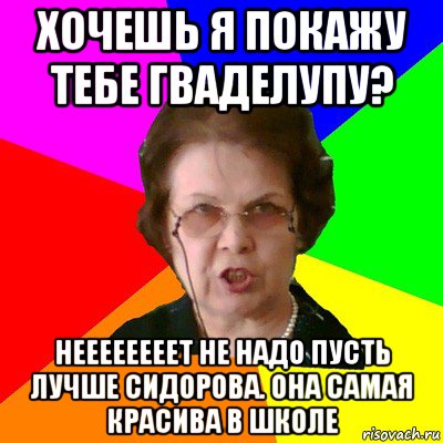 хочешь я покажу тебе гваделупу? нееееееееТ НЕ надо пусть лучше сидорова. она самая красива в школе, Мем Типичная училка