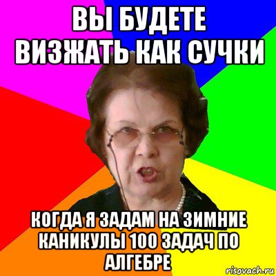 ВЫ БУДЕТЕ ВИЗЖАТЬ КАК СУЧКИ КОГДА Я ЗАДАМ НА ЗИМНИЕ КАНИКУЛЫ 100 ЗАДАЧ ПО АЛГЕБРЕ, Мем Типичная училка