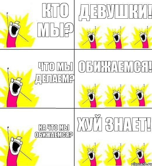 кто мы? девушки! что мы делаем? обижаемся! на что мы обижаемся? хуй знает!