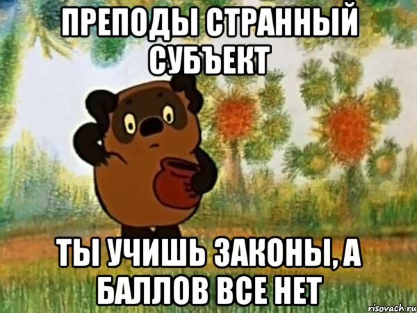 ПРЕПОДЫ СТРАННЫЙ СУБЪЕКТ ТЫ УЧИШЬ ЗАКОНЫ, А БАЛЛОВ ВСЕ НЕТ, Мем Винни пух чешет затылок