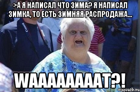 >а я написал что зима? Я написал зимка, то есть зимняя распродажа... WAAAAAAAAT?!, Мем Шта (Бабка wat)