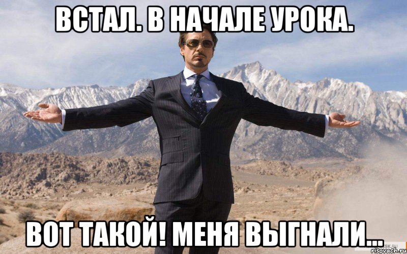 Встал. В начале урока. Вот такой! Меня выгнали..., Мем железный человек