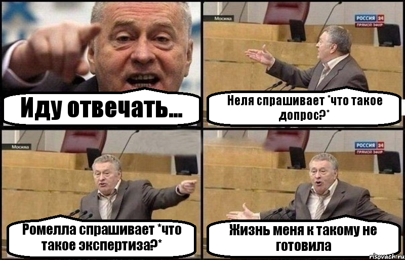 Иду отвечать... Неля спрашивает *что такое допрос?* Ромелла спрашивает *что такое экспертиза?* Жизнь меня к такому не готовила, Комикс Жириновский