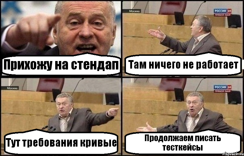 Прихожу на стендап Там ничего не работает Тут требования кривые Продолжаем писать тесткейсы, Комикс Жириновский