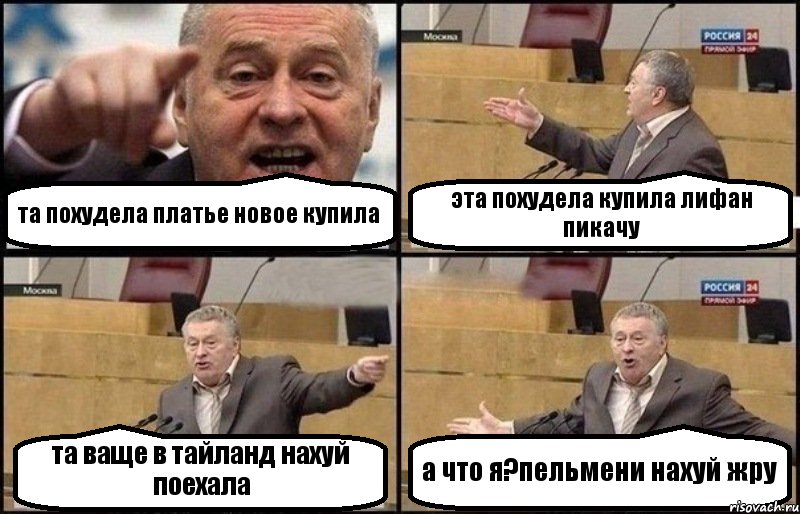 та похудела платье новое купила эта похудела купила лифан пикачу та ваще в тайланд нахуй поехала а что я?пельмени нахуй жру, Комикс Жириновский