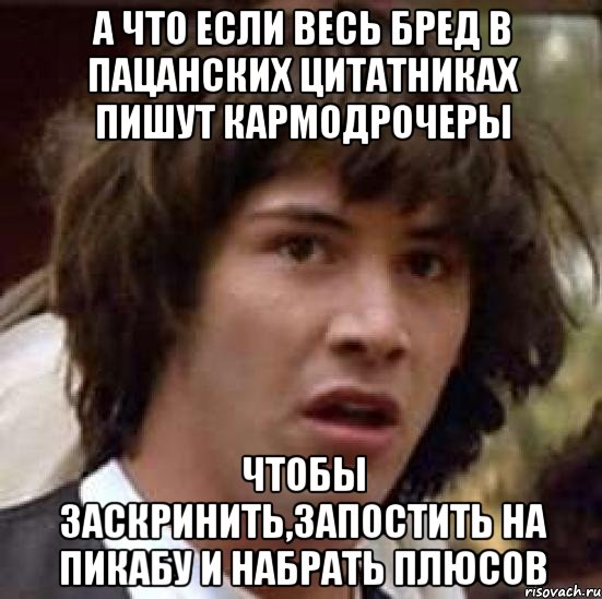 А что если весь бред в пацанских цитатниках пишут кармодрочеры чтобы заскринить,запостить на Пикабу и набрать плюсов, Мем А что если (Киану Ривз)