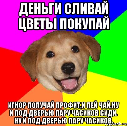 Деньги сливай Цветы покупай Игнор получай Профит,и пей чай.Ну и под дверью пару часиков сиди. Ну и под дверью пару часиков., Мем Advice Dog