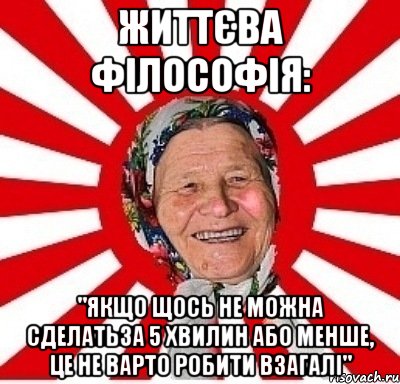 Життєва філософія: "Якщо щось не можна сделатьза 5 хвилин або менше, це не варто робити взагалі", Мем  бабуля