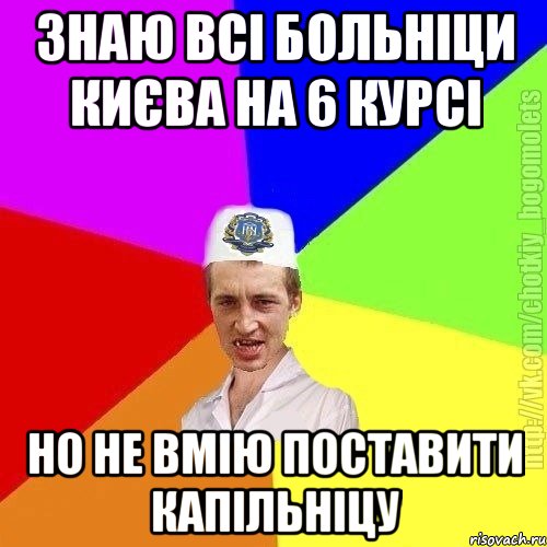 Знаю всі больніци києва на 6 курсі Но не вмію поставити капільніцу