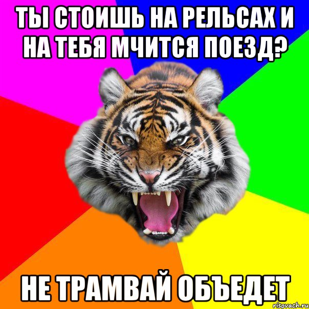 ТЫ СТОИШЬ НА РЕЛЬСАХ И НА ТЕБЯ МЧИТСЯ ПОЕЗД? НЕ ТРАМВАЙ ОБЪЕДЕТ, Мем  ДЕРЗКИЙ ТИГР