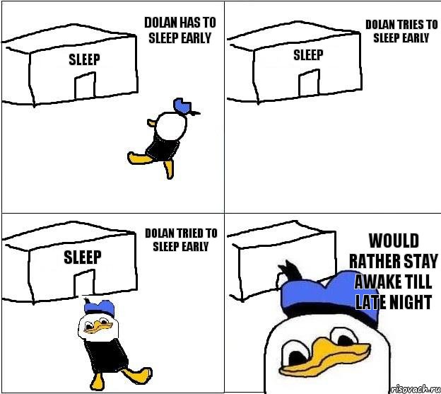 Sleep Sleep Sleep Would rather stay awake till late night Dolan has to sleep early Dolan tries to sleep early Dolan tried to sleep early