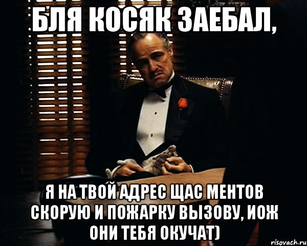 бля косяк заебал, я на твой адрес щас ментов скорую и пожарку вызову, иож они тебя окучат)