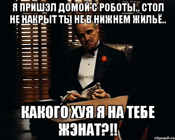 Я пришэл домой с роботы.. Стол не накрыт ты не в нижнем жильё.. Какого хуя я на тебе жэнат?!!