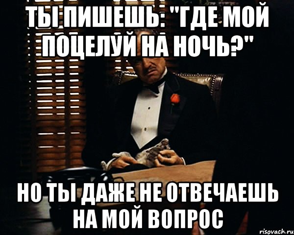 ты пишешь: "Где мой поцелуй на ночь?" Но ты даже не отвечаешь на мой вопрос, Мем Дон Вито Корлеоне