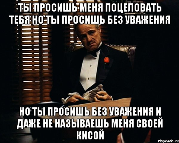 ТЫ ПРОСИШЬ МЕНЯ ПОЦЕЛОВАТЬ ТЕБЯ НО ТЫ ПРОСИШЬ БЕЗ УВАЖЕнИЯ НО ТЫ ПРОСИШЬ БЕЗ УВАЖЕнИЯ и даже не называешь меня своей кисой, Мем Дон Вито Корлеоне