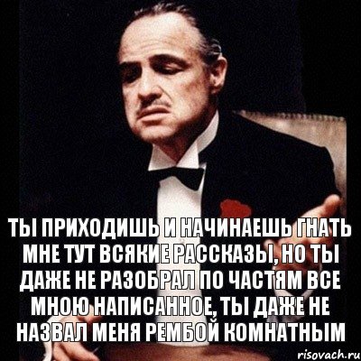 ТЫ ПРИХОДИШЬ И НАЧИНАЕШЬ ГНАТЬ МНЕ ТУТ ВСЯКИЕ РАССКАЗЫ, НО ТЫ ДАЖЕ НЕ РАЗОБРАЛ ПО ЧАСТЯМ ВСЕ МНОЮ НАПИСАННОЕ, ТЫ ДАЖЕ НЕ НАЗВАЛ МЕНЯ РЕМБОЙ КОМНАТНЫМ, Комикс Дон Вито Корлеоне 1