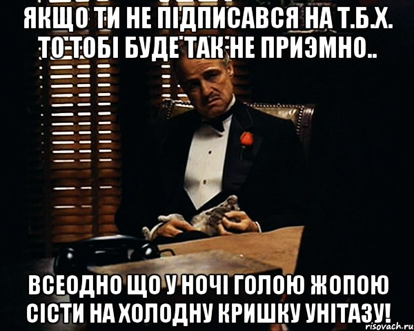 Якщо ти не підписався на Т.Б.Х. то тобі буде так не приэмно.. всеодно що у ночі голою жопою сісти на холодну кришку унітазу!, Мем Дон Вито Корлеоне