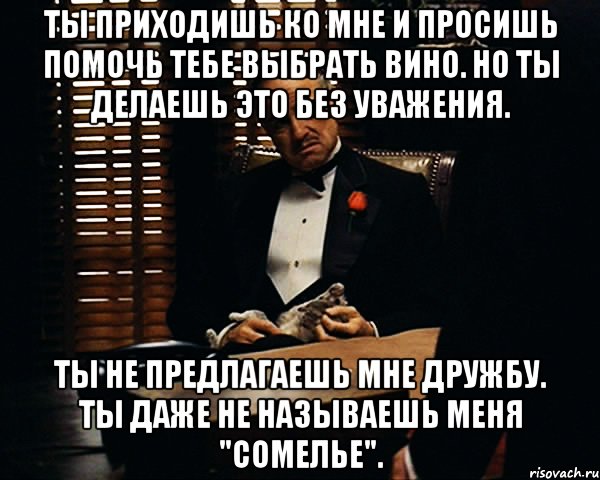 Ты приходишь ко мне и просишь помочь тебе выбрать вино. Но ты делаешь это без уважения. Ты не предлагаешь мне дружбу. Ты даже не называешь меня "Сомелье"., Мем Дон Вито Корлеоне