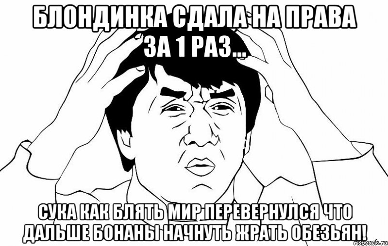 Блондинка сдала на права за 1 раз... Сука как блять мир перевернулся что дальше бонаны начнуть жрать обезьян!, Мем ДЖЕКИ ЧАН