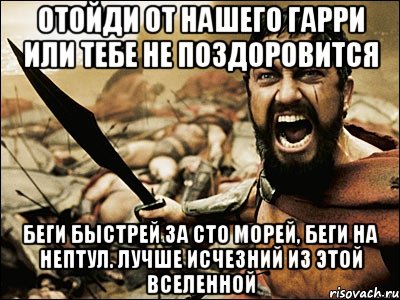 Отойди от нашего Гарри или тебе не поздоровится Беги быстрей за сто морей, Беги на Нептул. Лучше исчезний из этой вселенной, Мем Это Спарта