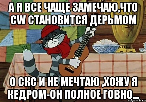 а я все чаще замечаю,что CW становится дерьмом о СКС и не мечтаю ,хожу я кедром-он полное говно..., Мем Грустный Матроскин с гитарой