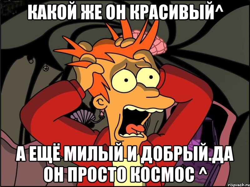 какой же он красивый^ а ещё милый и добрый.Да он просто космос ^, Мем Фрай в панике