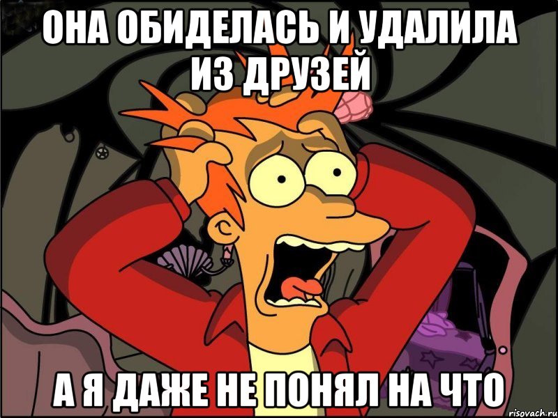 она обиделась и удалила из друзей а я даже не понял на что, Мем Фрай в панике