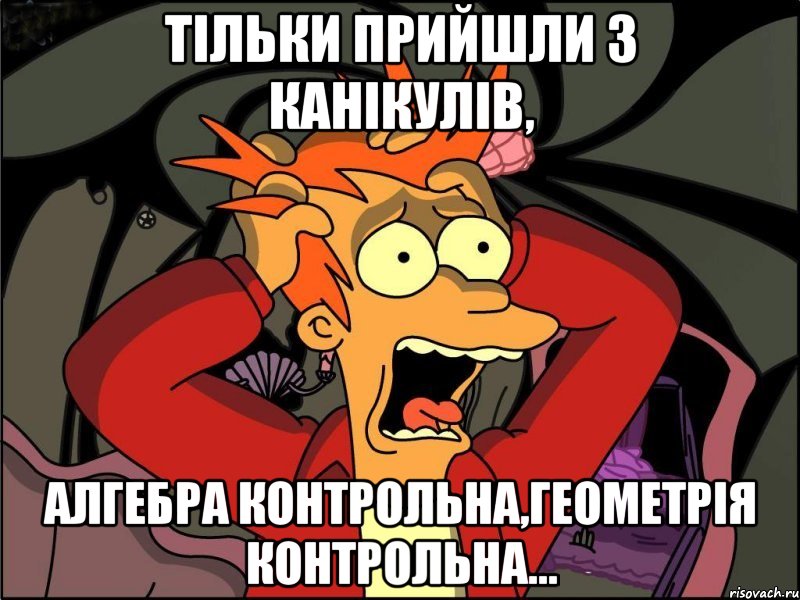 Тільки прийшли з канікулів, АЛГЕБРА контрольна,ГЕОМЕТРІЯ контрольна..., Мем Фрай в панике