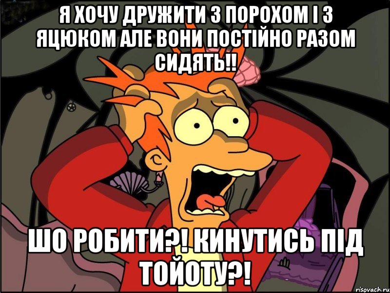 Я ХОЧУ ДРУЖИТИ З ПОРОХОМ І З ЯЦЮКОМ АЛЕ ВОНИ ПОСТІЙНО РАЗОМ СИДЯТЬ!! ШО РОБИТИ?! КИНУТИСЬ ПІД ТОЙОТУ?!, Мем Фрай в панике