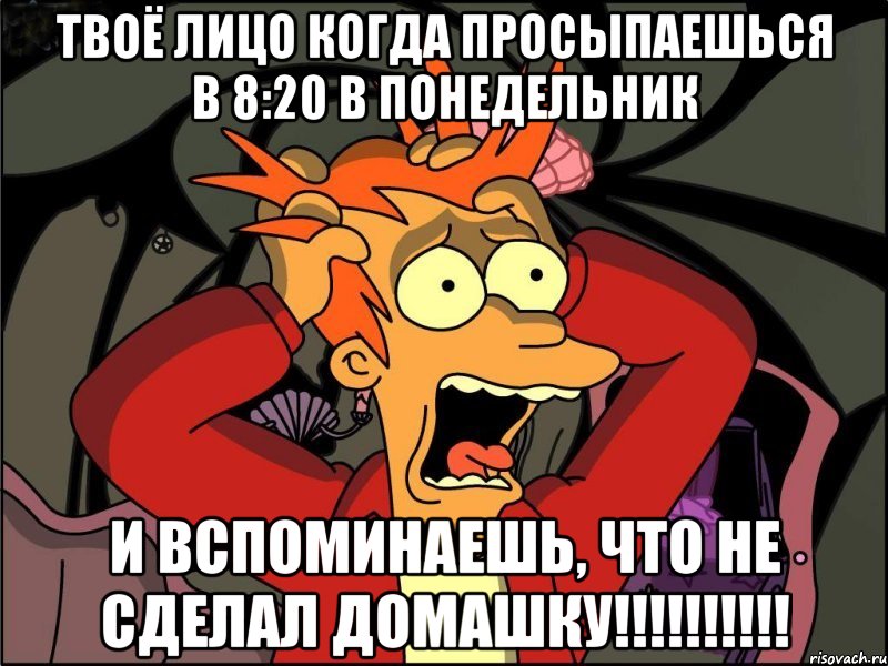 Твоё лицо когда просыпаешься в 8:20 в понедельник и вспоминаешь, что не сделал домашку!!!!!!!!!!, Мем Фрай в панике