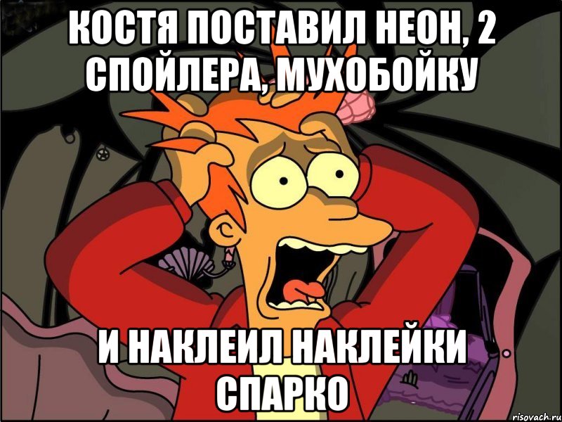 Костя поставил неон, 2 спойлера, мухобойку и наклеил наклейки спарко, Мем Фрай в панике