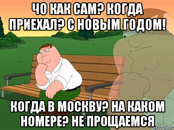 Чо как сам? Когда приехал? С новым годом! Когда в Москву? На каком номере? Не прощаемся, Мем Задумчивый Гриффин