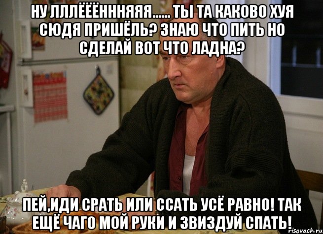 Ну лллёёённняяя...... Ты та каково хуя сюдя пришёль? Знаю что пить но сделай вот что ладна? Пей,иди срать или ссать усё равно! Так ещё чаго мой руки и звиздуй спать!, Мем  Хрень