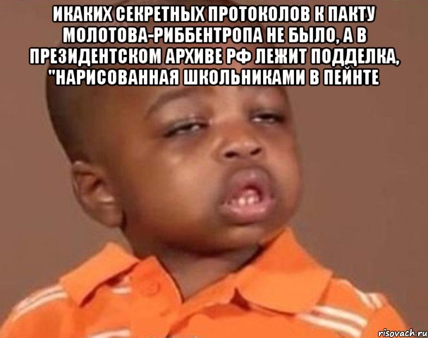 икаких секретных протоколов к пакту Молотова-Риббентропа не было, а в президентском архиве РФ лежит подделка, "нарисованная школьниками в пейнте , Мем  Какой пацан (негритенок)