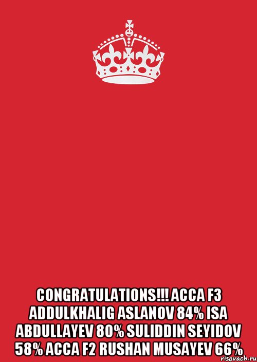  CONGRATULATIONS!!! ACCA F3 Addulkhalig Aslanov 84% Isa Abdullayev 80% Suliddin Seyidov 58% ACCA F2 Rushan Musayev 66%, Комикс Keep Calm 3