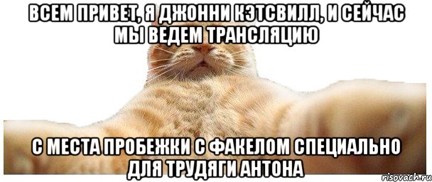 всем привет, я Джонни Кэтсвилл, и сейчас мы ведем трансляцию с места пробежки с факелом специально для трудяги Антона, Мем   Кэтсвилл