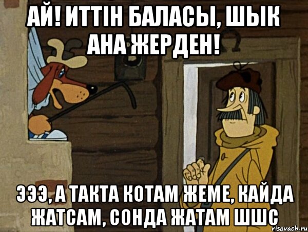 Ай! Иттiн баласы, шык ана жерден! Эээ, а такта котам жеме, кайда жатсам, сонда жатам шшс, Мем Кочерга