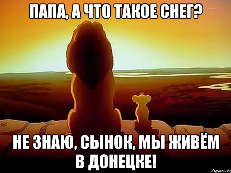 Папа, а что такое снег? Не знаю, сынок, мы живём в Донецке!, Мем  король лев