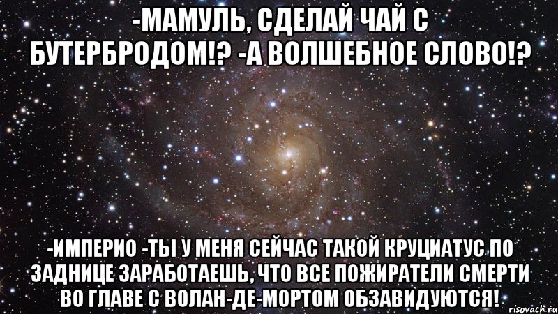 -Мамуль, сделай чай с бутербродом!? -А волшебное слово!? -Империо -Ты у меня сейчас такой круциатус по заднице заработаешь, что все пожиратели смерти во главе с Волан-де-Мортом обзавидуются!, Мем  Космос (офигенно)