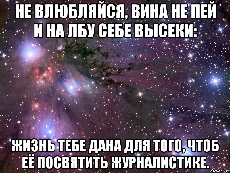 Не влюбляйся, вина не пей И на лбу себе высеки: Жизнь тебе дана для того, Чтоб её посвятить журналистике., Мем Космос