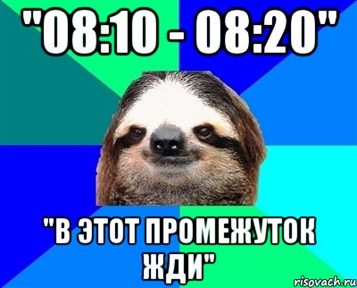 "08:10 - 08:20" "В этот промежуток жди", Мем Ленивец